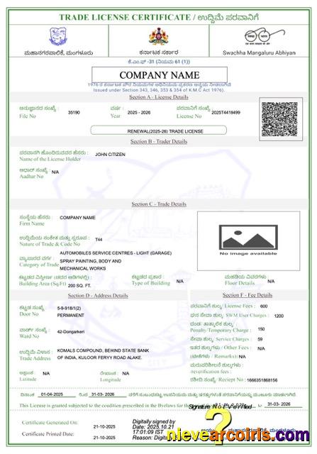 Realistic India Mangaluru Trade License Certificate Word And PDF Template