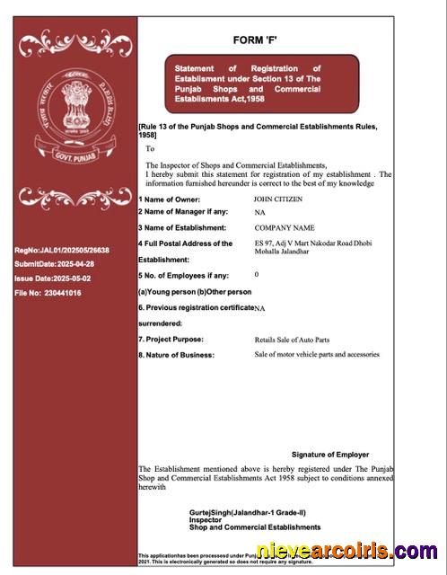 Premium India Punjab Registration Certificate Word And PDF Template, Version 2