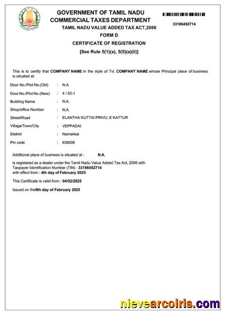 Premium India Tamil Nadu VAT Registration Certificate Word And PDF Template
