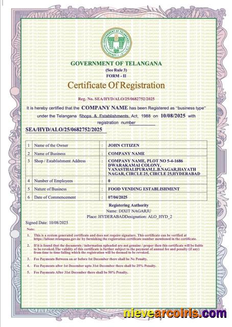 Premium India Telangana Certificate Of Registration Word And PDF Template