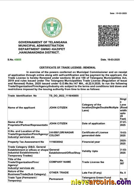 Professional India Telangana Certificate Of Trade License Word And PDF Template