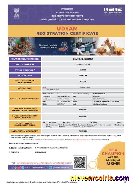 Professional India Udyam Registration Certificate Word And PDF Template, Version 2