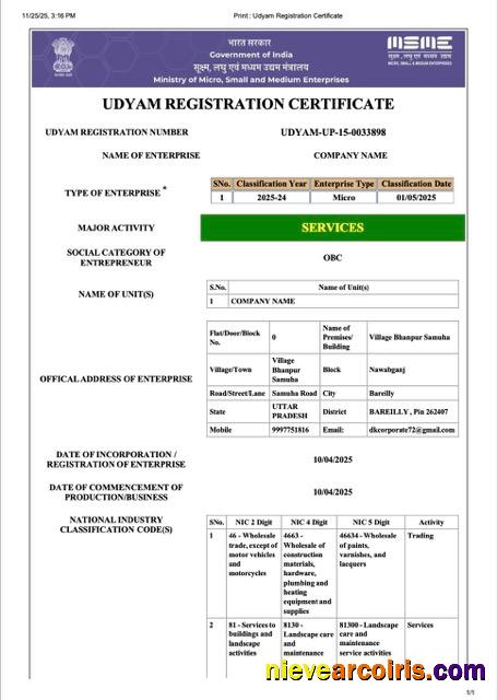 Professional India Udyam Registration Certificate Word And PDF Template, Version 4
