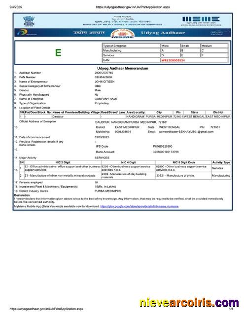 Professional India Udyog Aadhaar Registration Certificate Word And PDF Template, Version 2