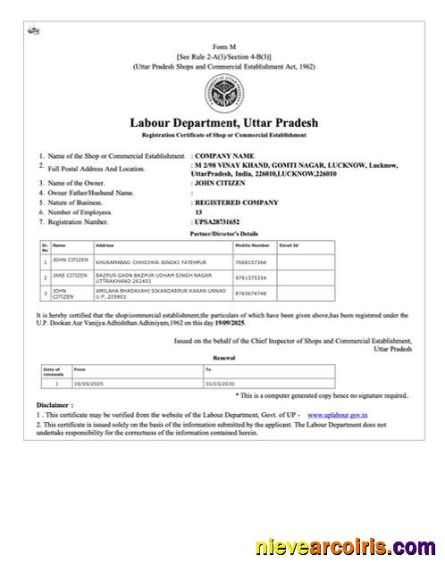 Professional India Uttar Pradesh Registration Certificate Of Shop Or Commercial Establishment Word And PDF Template
