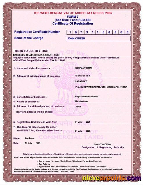 Professional India West Bengal Certificate Of Registration Word And PDF Template