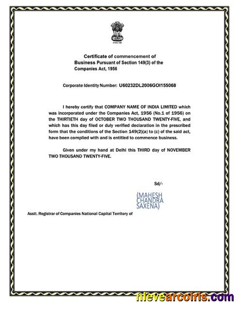 Premium India Certificate Of Commencement Word And PDF Template