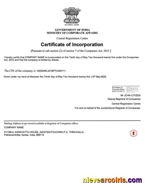 Premium India Certificate Of Incorporation Word And PDF Template, Version 3
