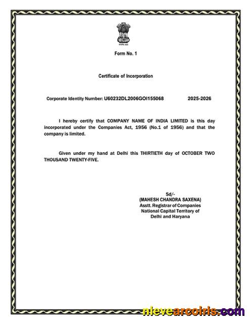 Editable India Certificate Of Incorporation Word And PDF Template, Version 5