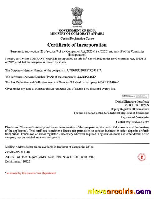 Realistic India Certificate Of Incorporation Word And PDF Template