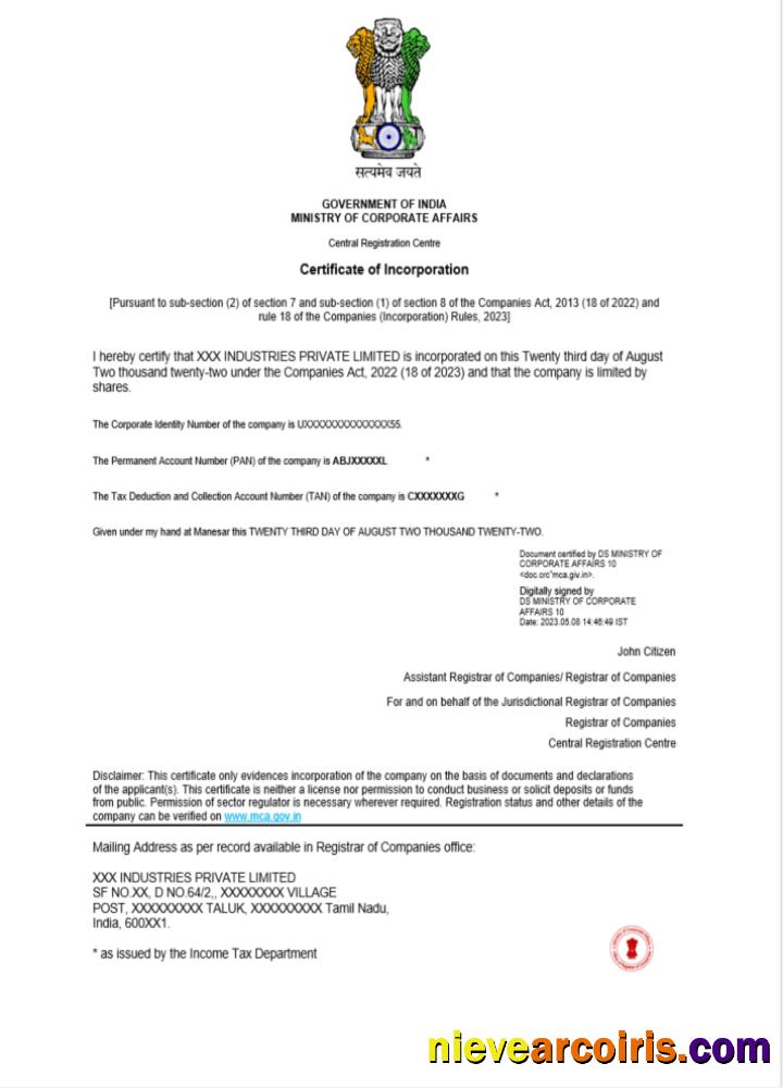 Editable India Certificate Of Incorporation Registration Word And PDF Template, Version 2