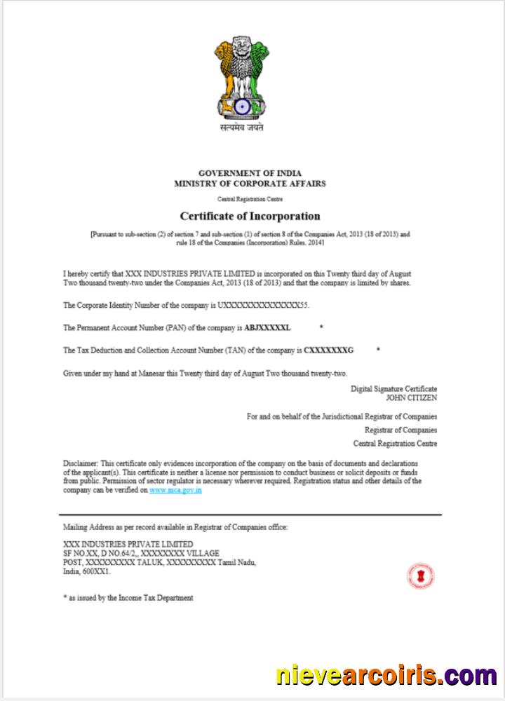 India Certificate Of Incorporation Registration Photolook