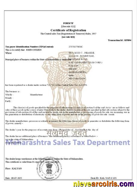 Premium India Maharashtra Certificate Of Taxpayer Registration Word And PDF Template