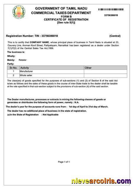 Realistic India Tamil Nadu Certificate Of Registration Word And PDF Template, Version 2