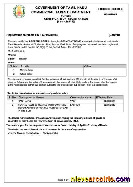 Premium India Tamil Nadu Certificate Of Registration Word And PDF Template