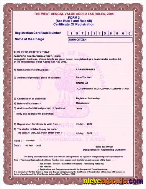 Premium India West Bengal Certificate Of VAT Registration Word And PDF Template