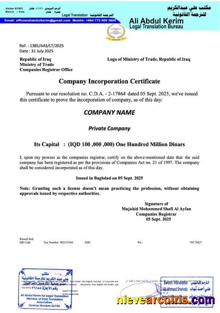 Professional Iraq Company Incorporation Certificate Word And PDF Template