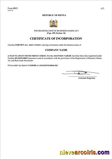 Professional Kenya Certificate Of Incorporation Word And PDF Template, Version 2
