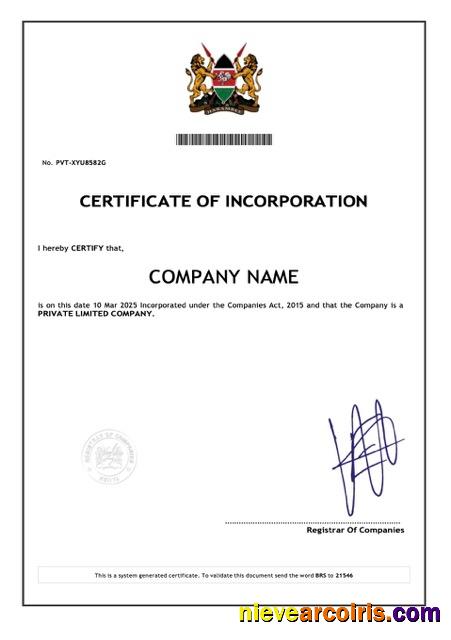 Professional Kenya Certificate Of Incorporation Word And PDF Template