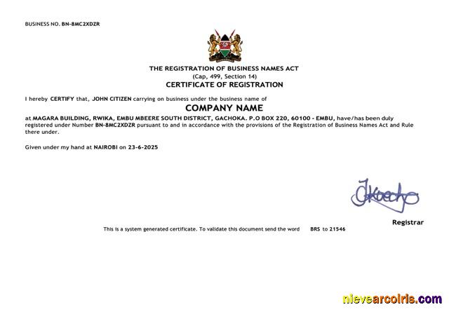 Premium Kenya Certificate Of Registration Word And PDF Template