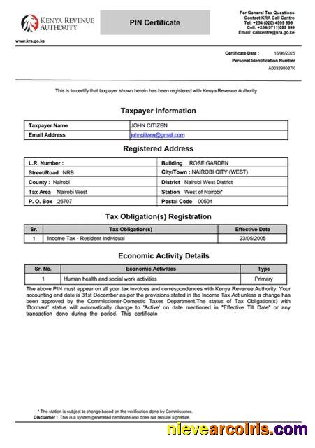 Professional Kenya Taxpayer Certificate Word And PDF Template