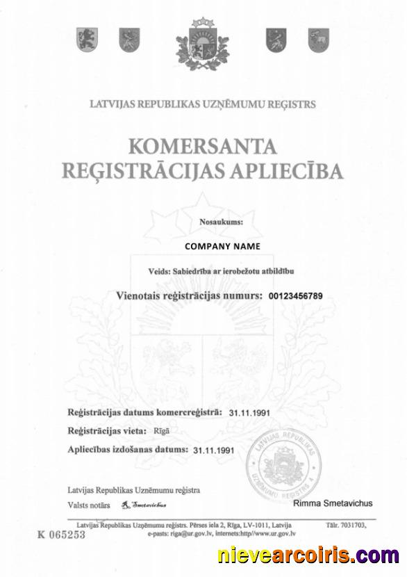 Latvia Certificate Of Registration Sample