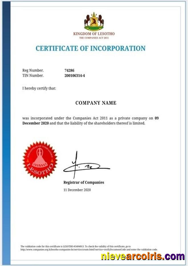 Lesotho Certificate Of Incorporation Preview