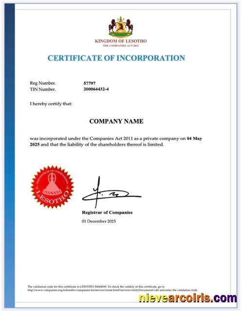 Editable Lesotho Certificate Of Incorporation Word And PDF Template