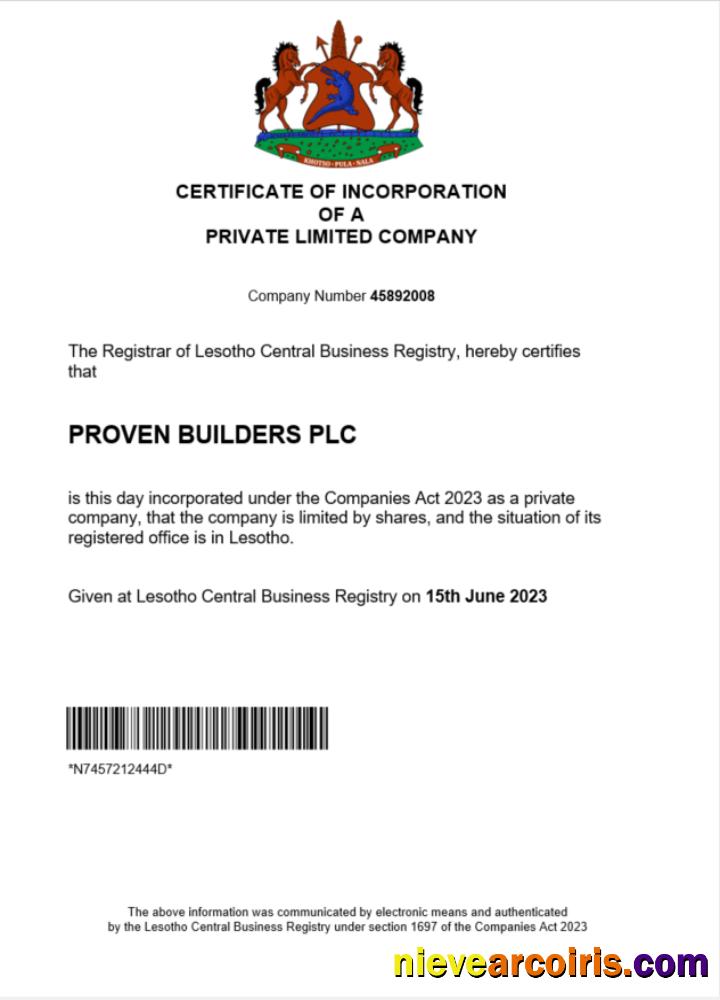Professional Lesotho Company Registration Certificate Word And PDF Template