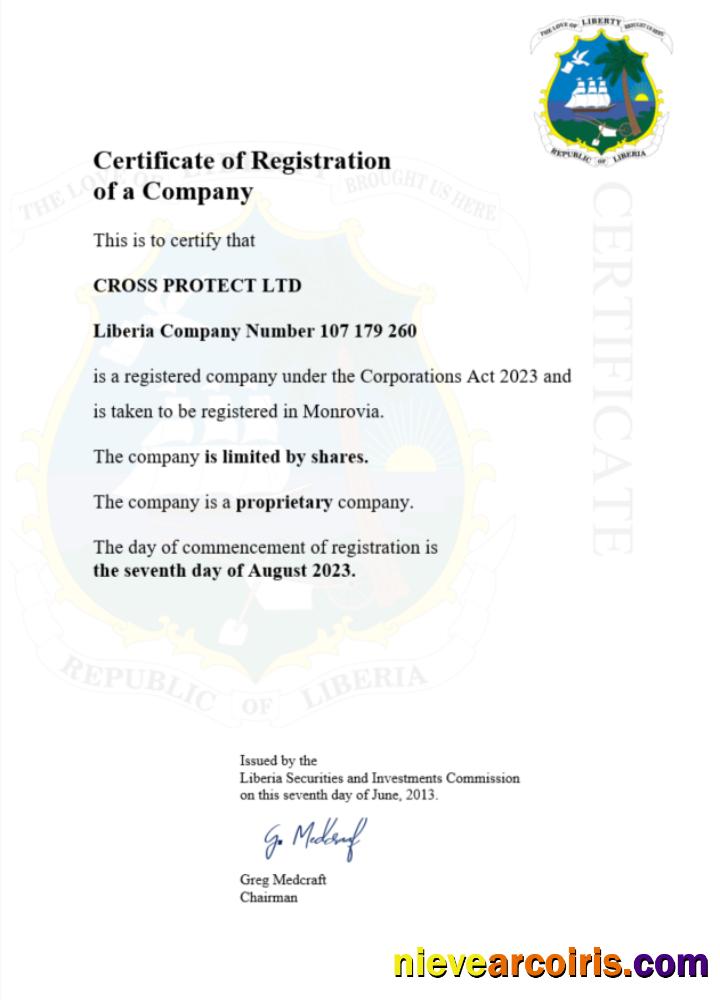 Professional Liberia Business Registration Certificate Word And PDF Template