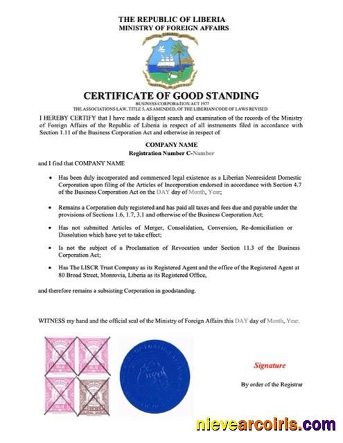 Editable Liberia Certificate Of Good Standing Word And PDF Template