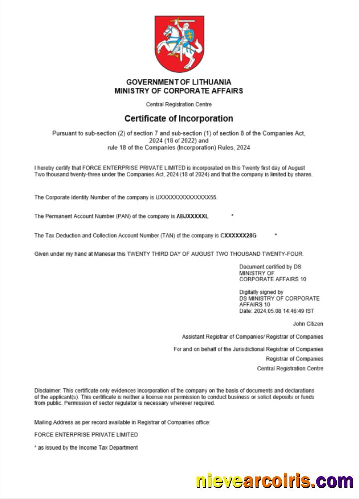Realistic Lithuania Company Registration Certificate Word And PDF Template