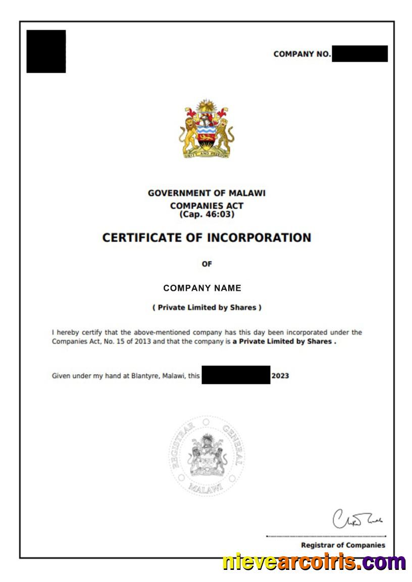 Malawi Certificate Of Incorporation Template