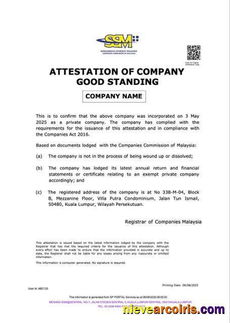 Professional Malaysia Attestation Of Company Good Standing Word And PDF Template