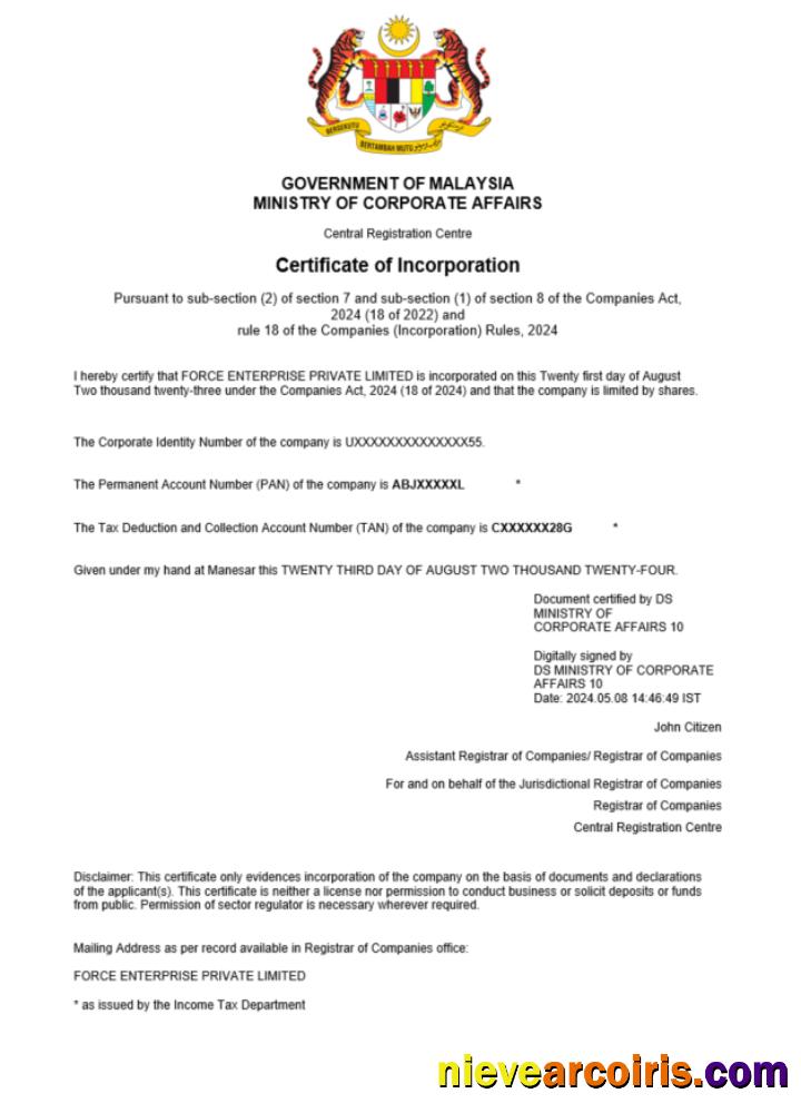 Realistic Malaysia Business Registration Certificate Word And PDF Template