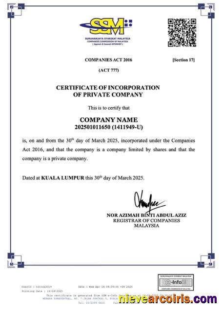 Editable Malaysia Certificate Of Incorporation Of Private Company Word And PDF Template