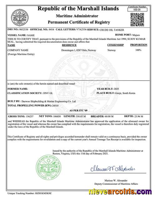 Editable Marshall Islands Permanent Certificate Of Registry Word And PDF Template