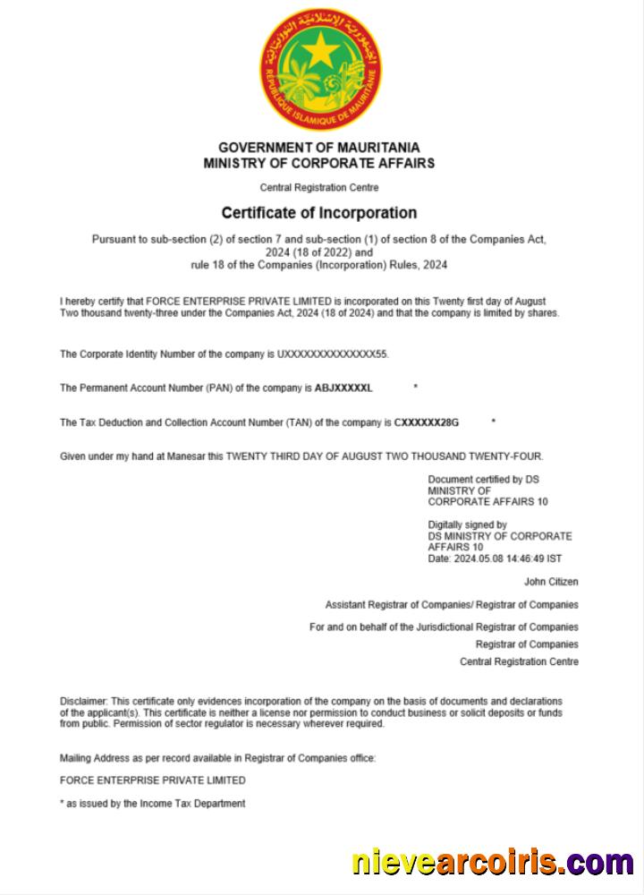 Editable Mauritania Business Registration Certificate Word And PDF Template