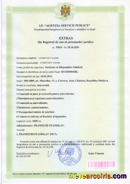 Moldavia Certificate Of Incorporation Sample