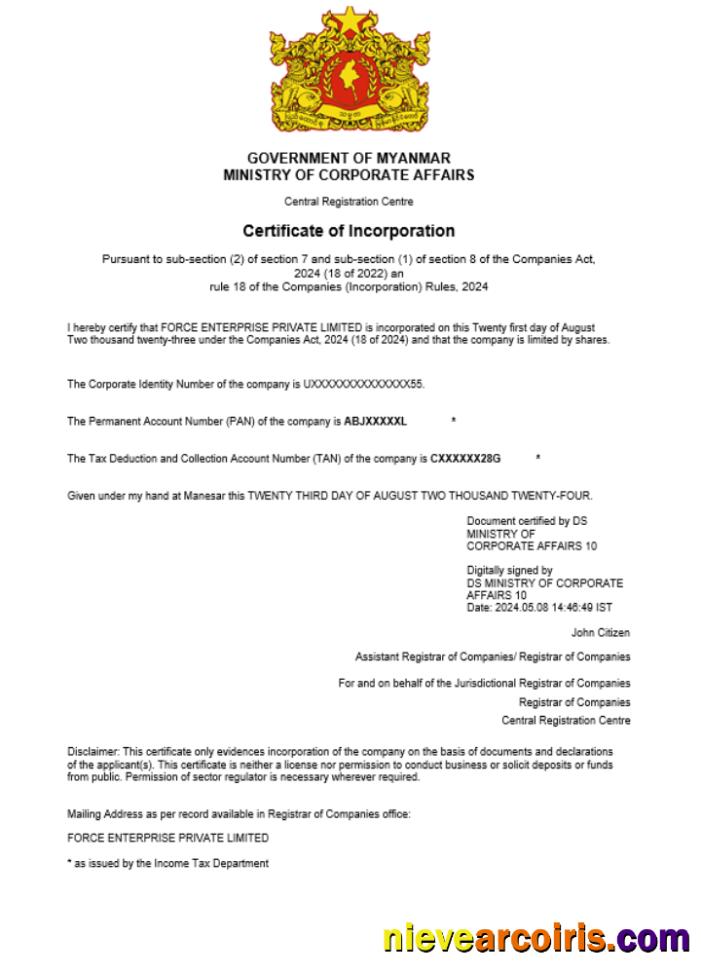 Premium Myanmar Business Registration Certificate Word And PDF Template