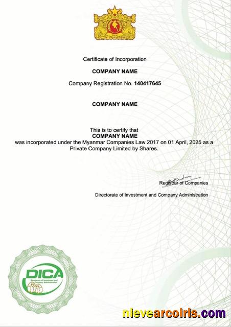 Realistic Myanmar Certificate Of Incorporation Word And PDF Template