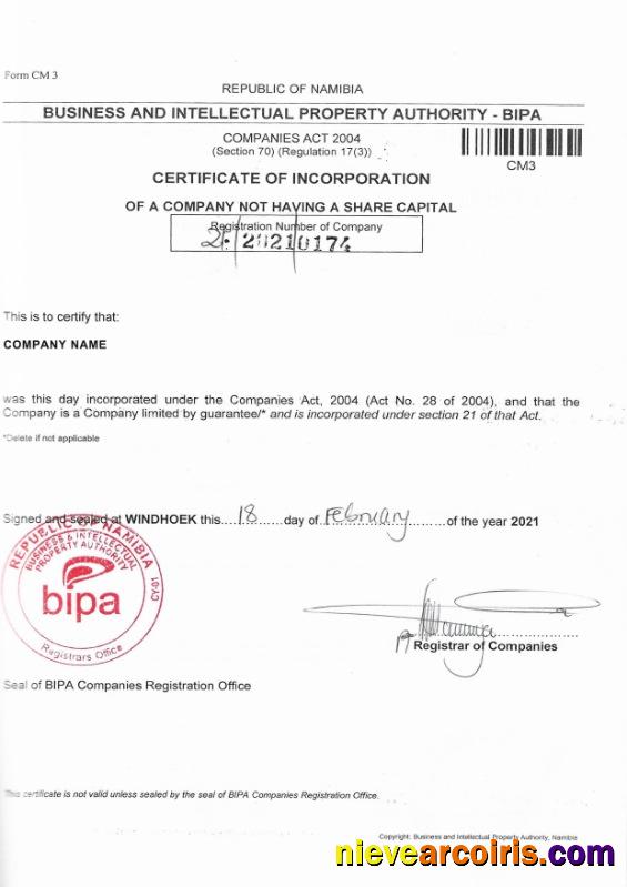 Namibia Certificate Of Corporation Template