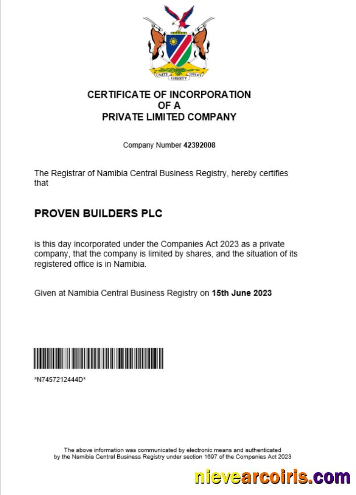 Professional Namibia Company Registration Certificate Word And PDF Template