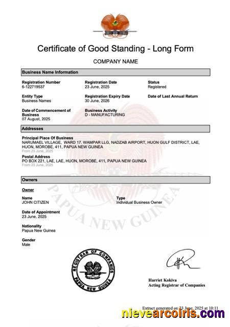 Editable New Guinea Certificate Of Good Standing Word And PDF Template, Version 2