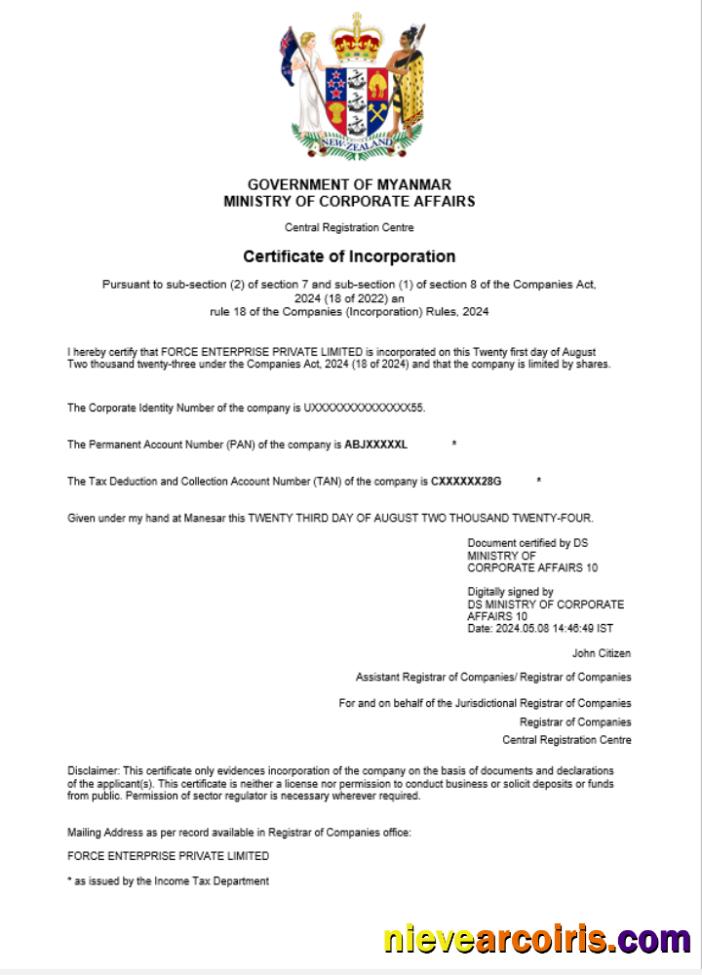 Premium New Zealand Business Registration Certificate Word And PDF Template