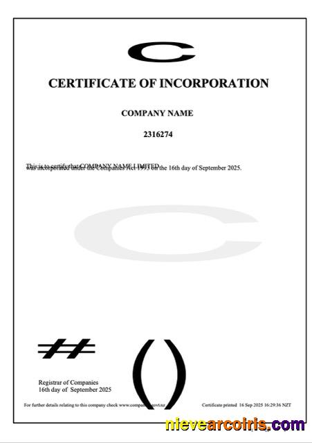 Editable New Zealand Certificate Of Incorporation Word And PDF Template, Version 2