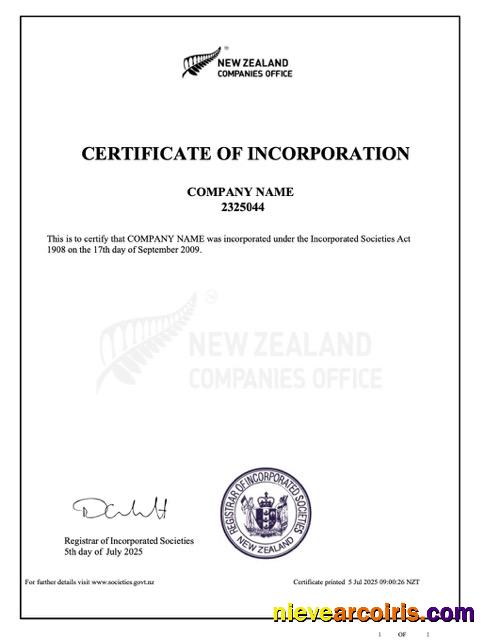 Editable New Zealand Certificate Of Incorporation Word And PDF Template