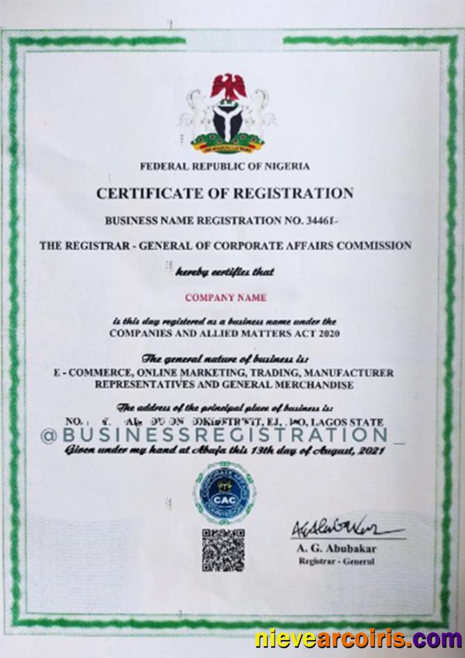 Nigeria Certificate Of Registration Sample