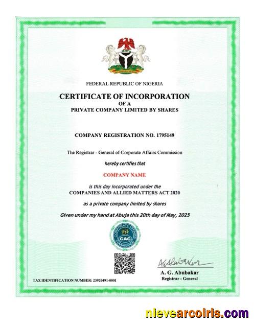 Realistic Nigeria Certificate Of Incorporation Word And PDF Template