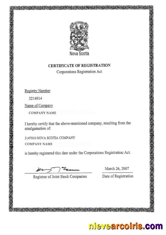 Nova Scotia Certificate Of Registration Preview